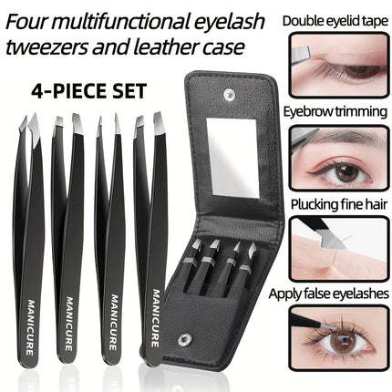 4pcs Stainless Steel Eyebrow Tweezers Set with Double Eyelid Tape & Case Professional Makeup Tools for Eyelash Extension
