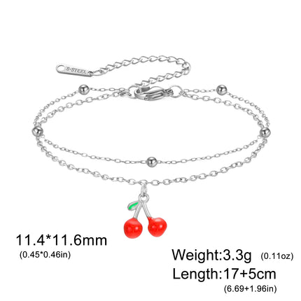 Teamer Enamel Cherry Charm Bracelet For Woman Gold Color Stainless Steel Double Bead Chain Fashion Birthday Friend Jewelry Gift