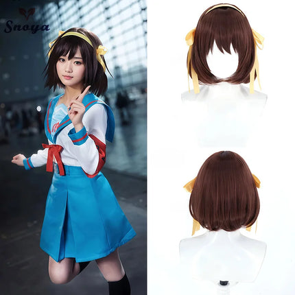 Snoya Suzumiya Haruhi Cosplay synthetic wig 35CM dark brown short Heat resistant fiber Wig