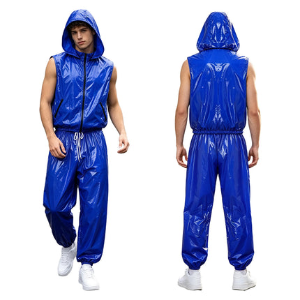 Men Waterproof Glossy Jacket Tops with Jogging Pants Hip Hop Dance Dancewear Outdoor Activities Raincoat Windbreak Streetwear