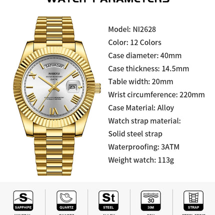 NIBOSI Brand Luxury Gold Red Quartz Watch for Men, Stainless Steel, Waterproof, Luminous, Date, Week, Fashion Men's Watches, Reloj Hombre
