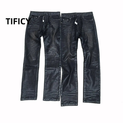 High Street Black Glue Wax Pants Women's Slim Fit Straight Leg Cat Whisker Jeans Streetwear Casual Denim Pants Men Clothing