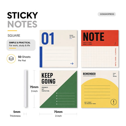 4 Pcs 200 Sheets Total Modern Planner Sticky Notes, 75x75mm 3x3 Inch, Keep Going Remember Note Memo Pads, Self-Adhesive