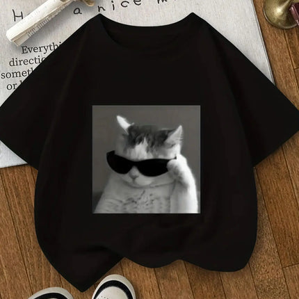 Cat Pattern Printed T-Shirt with Sunglasses, Round Neck Short-Sleeved T-Shirt for Girls, Summer Children's Clothing for Outdoor Leisure Sports, Suitable for 3-14 Years Old