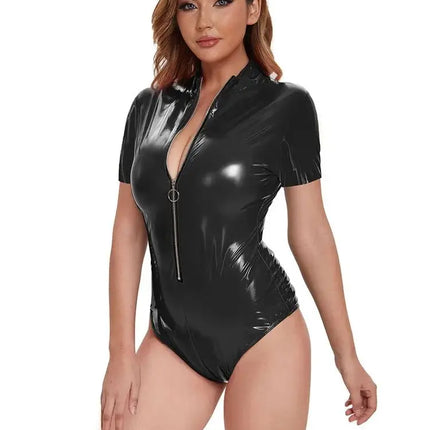 S-5XL Short Sleeve Wet Look PVC Catsuit Swimsuit Shiny PU Leather Zipper Bodysuit Tights Cosplay Tshirt Body Teddies Leotard Top