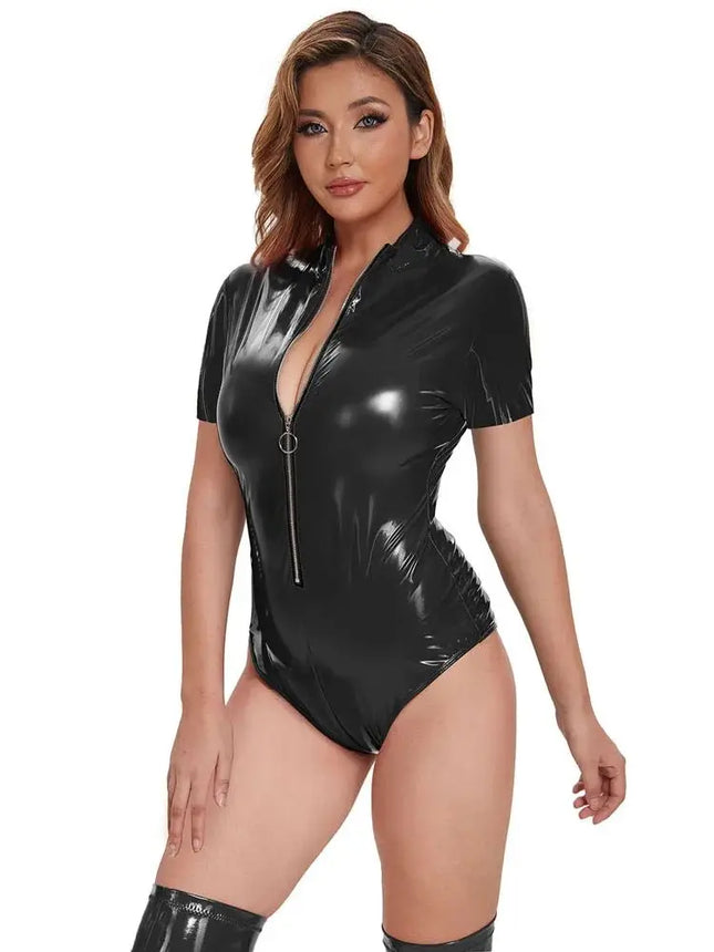 S-5XL Short Sleeve Wet Look PVC Catsuit Swimsuit Shiny PU Leather Zipper Bodysuit Tights Cosplay T-Shirt Body Teddies Leotard Top