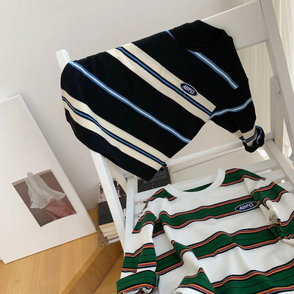 2025 Autumn Children's Clothes Girls Long-Sleeved Base Shirts Cool Boys Striped Cotton T-Shirt Teen Loose Casual 2-7Y Kids Top