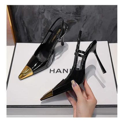 Runway Fashion YS Metal Square Toe Stiletto Heels Women's Baotou Sandals Black Pumps Color Block Glossy Design Shoes Luxury Shoe