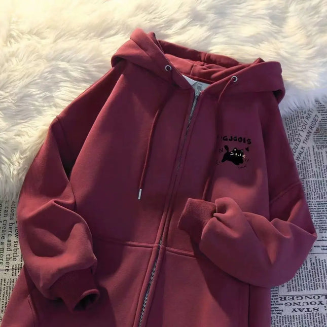American Style Cat Print Open Cardigan Hoodie Jacket Loose Fit Long Sleeve Polyester Comfortable Casual Commute Style for Women