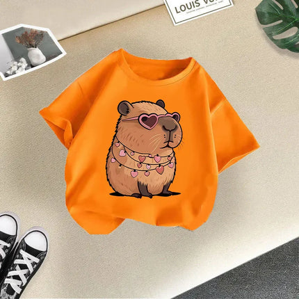 2025 Summer New Cute Animal Kapibala Fashion Printed Children's T-shirt Short Sleeve Fashion Pure Cotton Children's Clothing