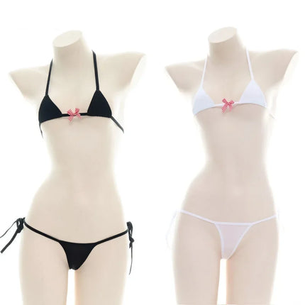 Beach Girl Black Stripe Bikini Swimsuit Costume Backless Set Women Sweet Lolita Bow Bandage Striped Swimsuit Mini Bikini Adult