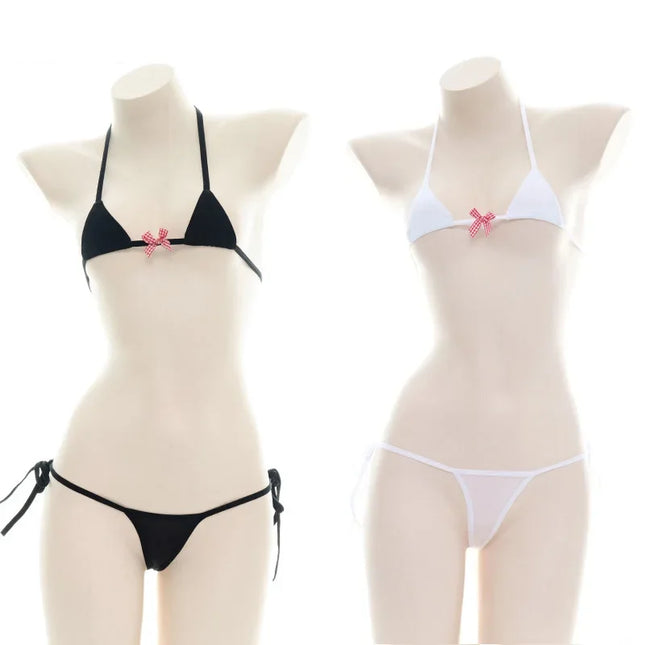 Beach Girl Black Stripe Bikini Swimsuit Costume Backless Set Women Sweet Lolita Bow Bandage Striped Swimsuit Mini Bikini Adult