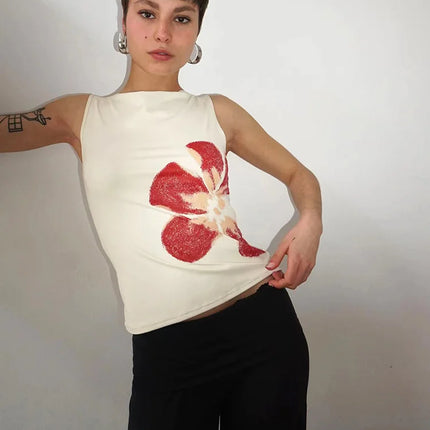 Women's Flower Print Crop Tank Top Fitted Boat Neck Sleeveless Summer Top for Party Club 2025 New Fashion