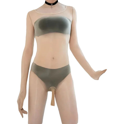 Sexy Lingerie Bodysuit Men Women Jumpsuit Oil Shiny Seamless Low-Neck See-Through Bodystocking Sex Costumes Porno Uniform Tempt