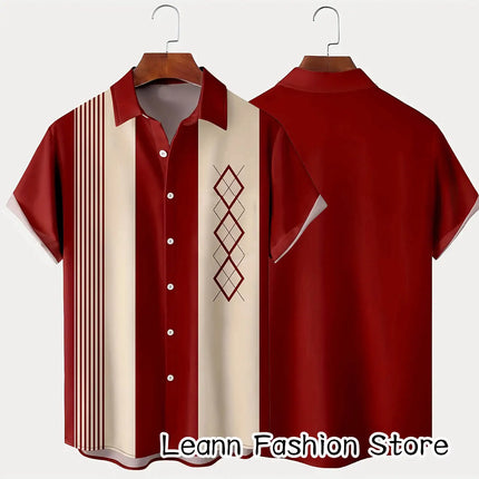 Men's Summer Poker Symbol Stripe Print Shirt Casual Beach Short Sleeve Clothing Male Button Lapel Collar Shirt Fashion Leisurewear