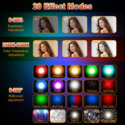 LED Video light, 2500K-6500K RGB selfie light, iPhone-CRI 97+, 2200mAh camera light, 3CCT/RGB 360° full color /20 lighting effec