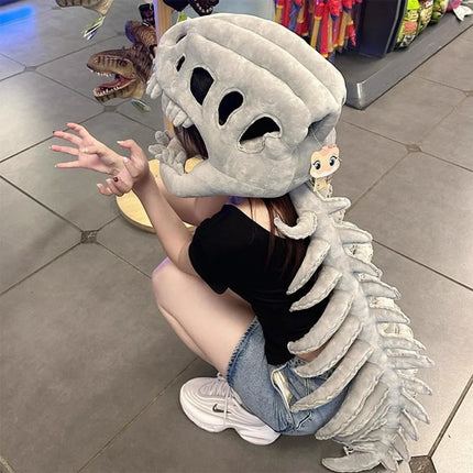 T Rex Dinosaur Skeleton Plush Hat Funny Wearable Skull Cap Full Spine Cosplay Costume Novelty Party Hat Halloween Gift Boys Girl