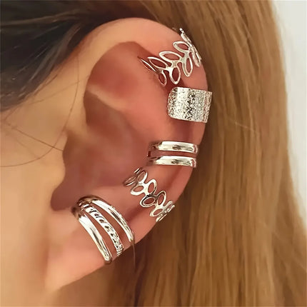 5pcs/set Trendy Elegant Design Ear Cuff Classic Elegant Style Gifts Women's No Piercing Clip Silver Circle Leaf Shaped Earrings