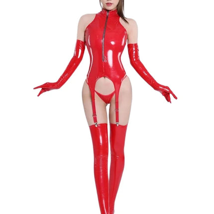 Wet Look Catsuit + G-string + Hair Clasp Sleeveless Shiny PU Leather Lingerie Bodysuit Sexy Erotic Cosplay Clubwear Body Garter