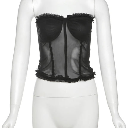 Nibber Folds Sexy Fishbone Strapless Tops Patchwork See Through Skinny Summer Backless Daily Street Versatile Sweet Clothes