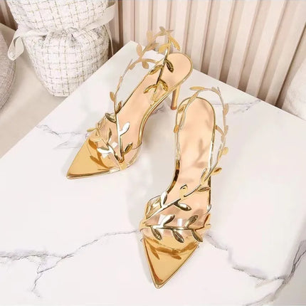 2024 Summer Fashion Patent Leather Gold Leaf Women Sandals Elegant Pointed toe Thin High heels Gladiator Sandalias Party Shoes