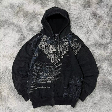 Street Y2K New Hip Hop Joker Fleece Thickened Zipper Hoodie Women Harajuku Casual Loose Punk Sweatshirt Couple Trend Warm Hoodie