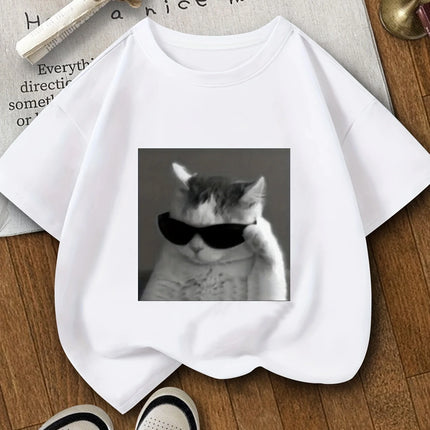 Cat Pattern Printed T-Shirt with Sunglasses, Round Neck Short-Sleeved T-Shirt for Girls, Summer Children's Clothing for Outdoor Leisure Sports, Suitable for 3-14 Years Old