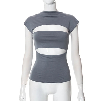Sexy Wrap Chest Hollow out Turtleneck Slim T-Shirt Women Short Sleeves Bottoming Shirt Ladies Tee Shirt Tops Camisetas Mujer