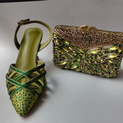 INSIGHTLINK Luxury Olive Green Rhinestones Women's Shoe and Bag Set for Party Wedding Crystals Heeled Pumps and Handbag Sandals