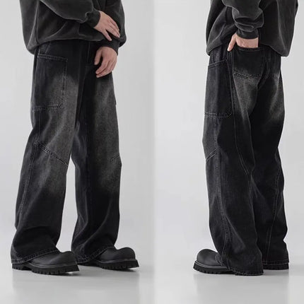 Korean Style Large Pocket Workwear Jeans Retro Blue Men'S Baggy Jeans Straight Leg Pants Casual Wide Leg Pants Casual Pants