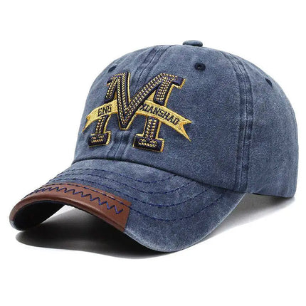 Vintage Washed Cotton Baseball Cap Men Women Letter M Embroidery Dad Hat Retro Leather Brim Edge Snapback Sun Hat Gorras Bone