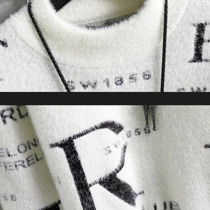Men's Autumn Winter Fleece Lined Knitted Half High Collar Sweater Letter Pattern Thick Warm Casual Wear for All Seasons