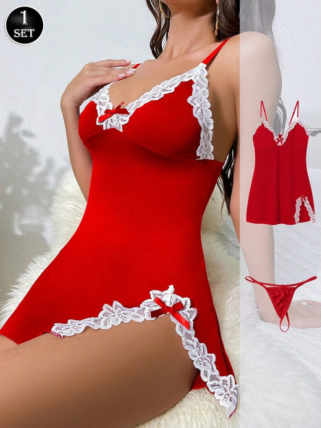 Sexy Lingerie Set For Women Transparent Sleepdress Lace Patchwork Erotic Sling Deep V Elegant Nightwear Comfortable Babydoll