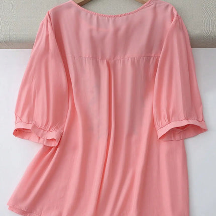 Large Size Women's Heavy Industry Embroidered Crew Neck Five-Sleeve Shirt