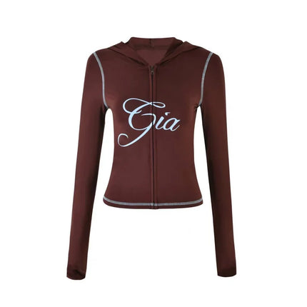 Gia Slim-Fit Letter Print Topstitching Design Hooded Zip-Up Jacket and Pants Set