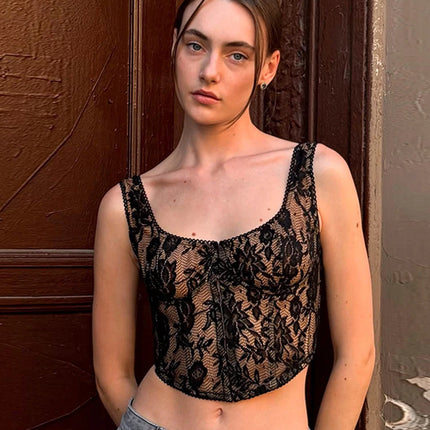 Women's Lace Corset Top Sexy Square Neck Sleeveless Slim Fit Mini Vest 2026 Spring Summer Female Casual Daily Party Fashion Tops