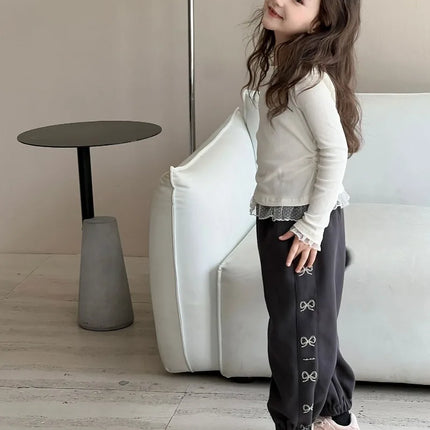 Girls Lace T-shirt 2024 Autumn New Slim Fit Girl Top Children Stylish Versatile High Elasticity Knitted Sweater
