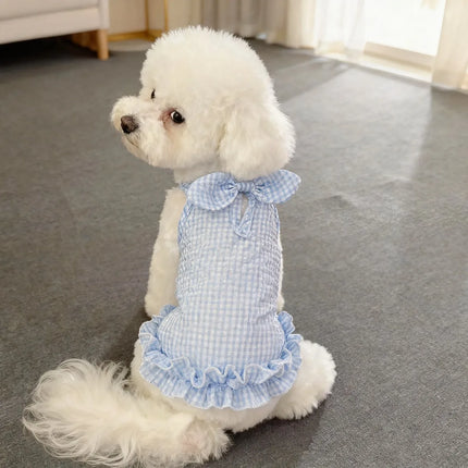 Cute Checkered Bow Strappy Dress Pet Spring Lightweight Dog Cat Teddy Bear Summer Clothing