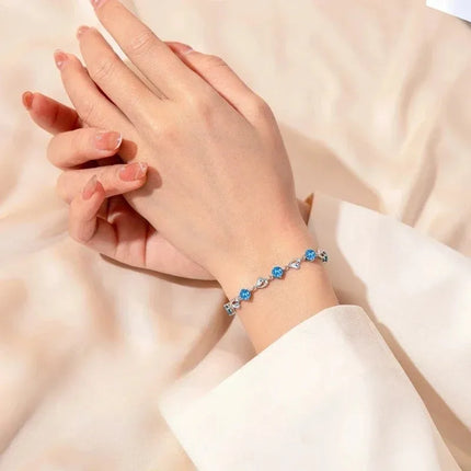 925 Sterling Silver Heart Shaped Necklace Bracelet Set for Women Vintage Korean Blue Crystal Bracelets Jewelry Set Party Jewelry