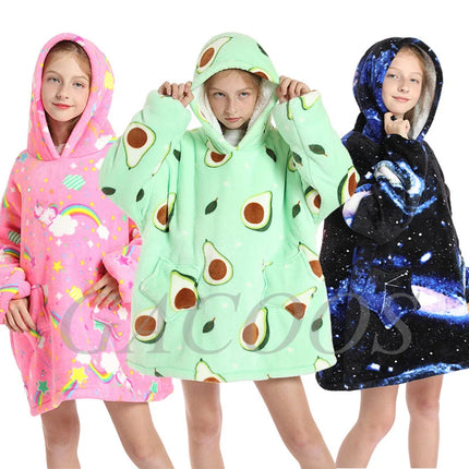 Kids Oversized Hoodie Blanket With Sleeve Boy Girl Sweatshirt Winter Fleece Hoody Avocado Rainbow Dinosaur Print Hooded Sweat