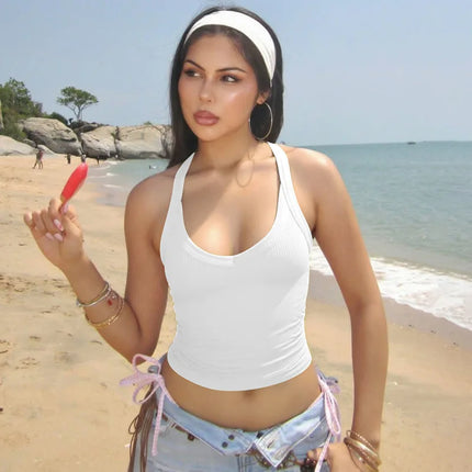 Hugcitar 2025 Summer Ribbed Halter Backless Solid Sexy Crop Tank Top Casual Y2K Women Clothes Beach Vacation Streetwear Yoga