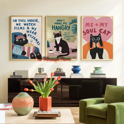 Funny Cats Cartoon Minimalist Drawing Lazy Cat in Bed Cozy Bedroom Pets Lovers Poster Canvas Painting Wall Pictures Home Decor