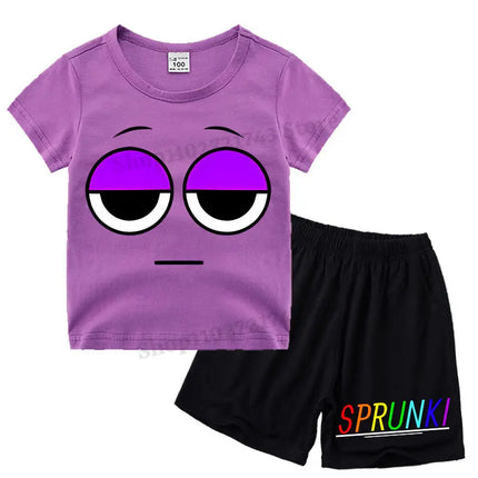 2pcs Sprunki T-shirt Shorts Set for Children Anime Cartoon Fashion Short Sleeved Shirt Pants Suit Boys Girls Summer Kawaii Suits