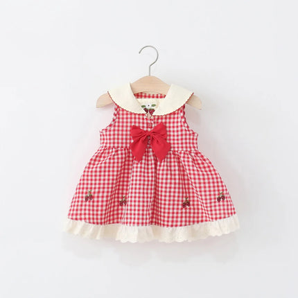 Baby Girl Dress Summer Red Checkered Cotton Sleeveless Girl Dress Cute Cherry Embroidery Bow Girl Princess Dress