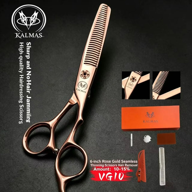 KALMAS Genuine VG10 Steel Rose Gold 6-inch Scissors Set, Suitable for Stylists' Hair Clippers with No Trace Teeth Clippers