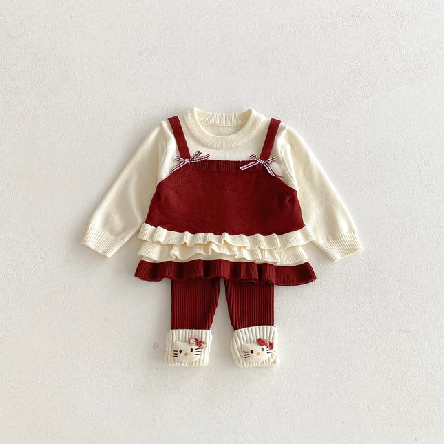 Autumn and winter girl sweater set, fake two-piece overalls knitted top + two-piece knitted leggings sweet knitted set