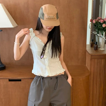 Korean Sle ort Striped Vest Women Summer Outerwear Subtle Design Single Button Lobone Trendy Age-Defng Top