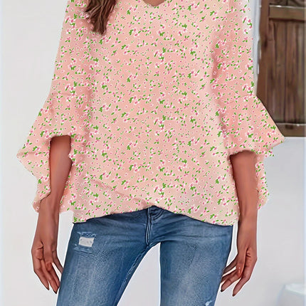 Plus Size Floral Ruffle Sleeve Top Women's V-Neck Boho Blouse Summer Beach Shirt Free Shipping