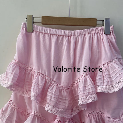 2025 Woman Pink Lace Embroidered Shirt Stand Collar Long Sleeved Hollow Out Buttons Up Matching Layered Shorts Skirts 2pcs set
