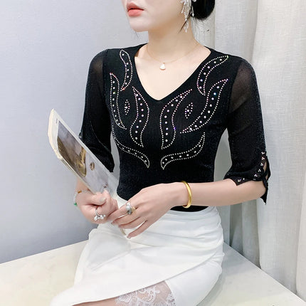 2025 Spring Summer Mesh Tops Korean Fashion Diamond T Shirt Slim 3/4 Sleeve Hollow Out Casual Women Shirt